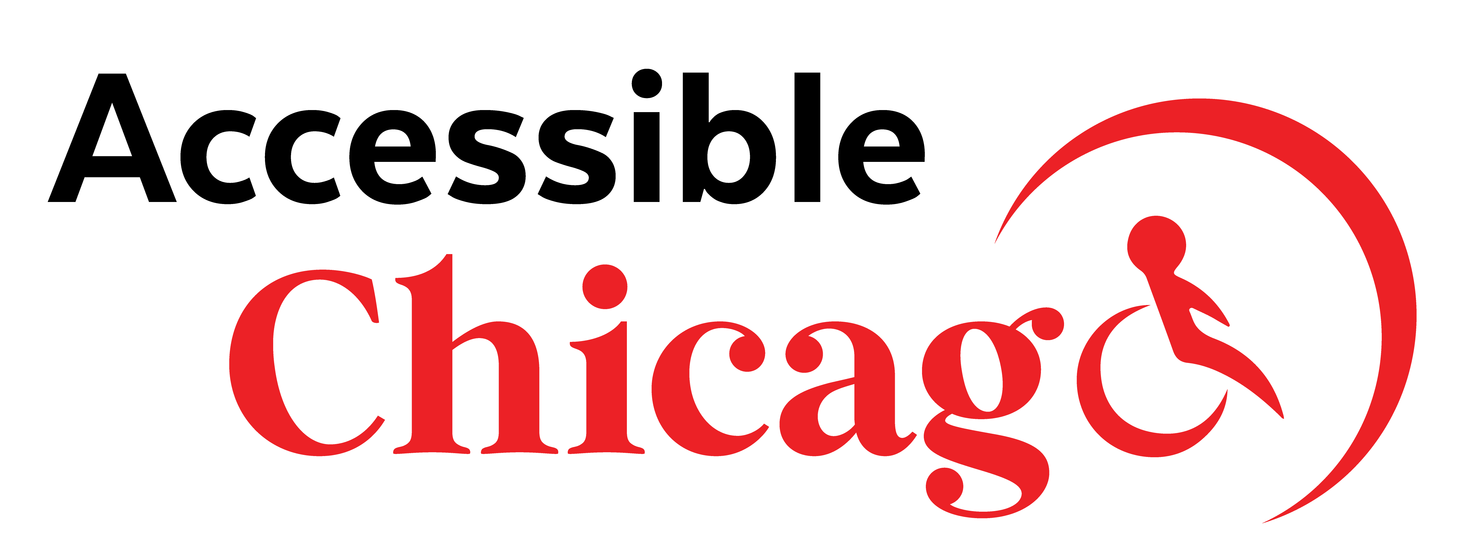Accessible Chicago logo - Accessible written in black sans serif lettering above the word Chicago in red. The O of Chicago is the stylized person in wheelchair from the Fun4theDisabled logo and it's surrounded by a red swoop to complete the shape of the O.